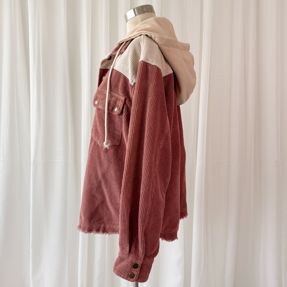 Pink Corduroy Jacket Hooded Button Up Shacket Cream Hood Cozy Layer M - Picture 3 of 5